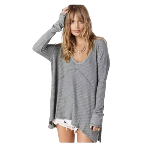 Free People Tops - Free People Sunset Park Drippy Thermal Top Gray Waffle Knit Long Sleeves Size M